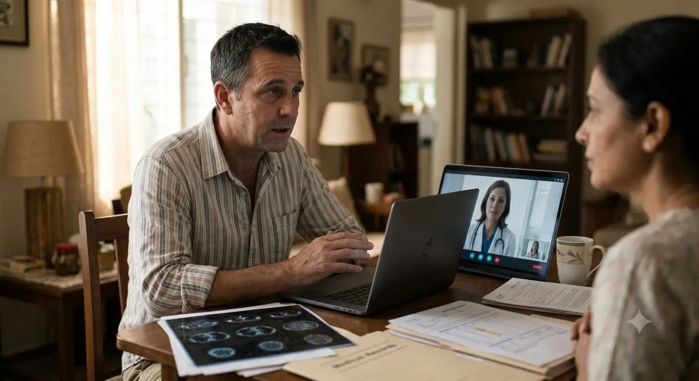 Patient consulting an oncologist online for a second opinion on cancer treatment