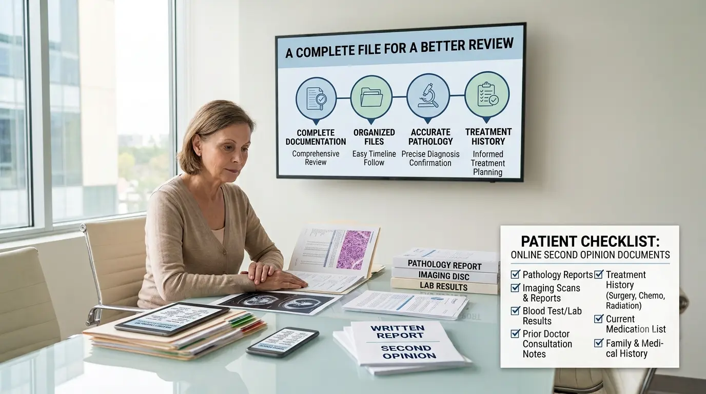 Patient organizing pathology reports, scans, and medical records for an online cancer second opinion