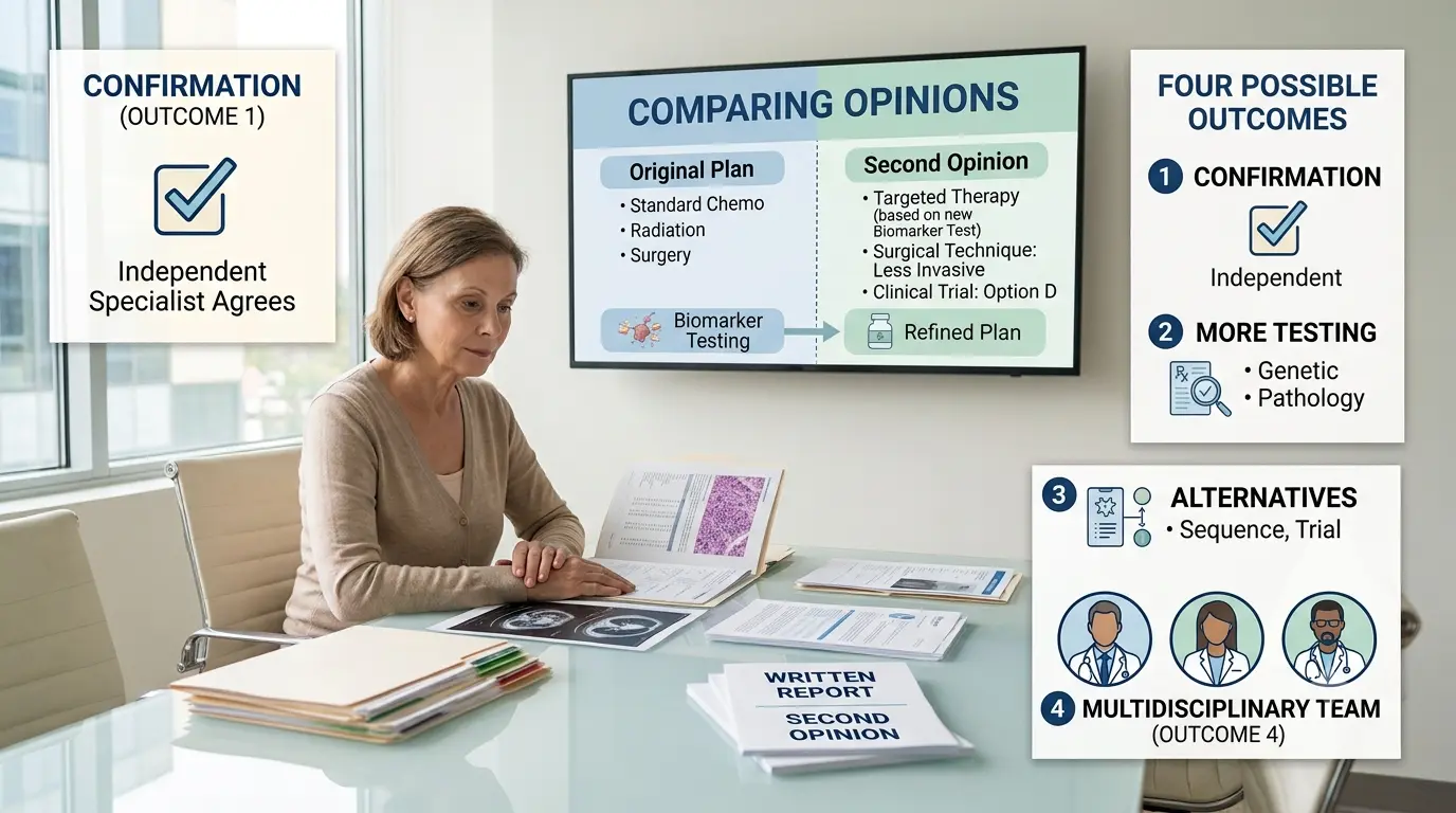 Multidisciplinary oncology team reviewing a cancer case and treatment plan during a second opinion
