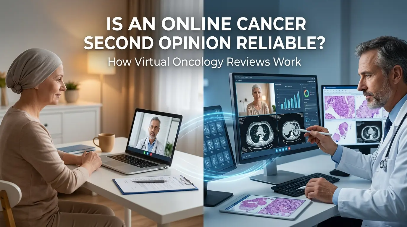 Oncologist conducting a secure video consultation for an online cancer second opinion